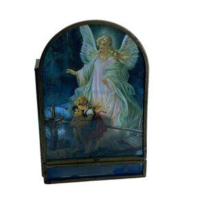 Vtg‎ Enesco Guardian Angel Brass & Glass Votive Candle Holder 4" Mexico Made
